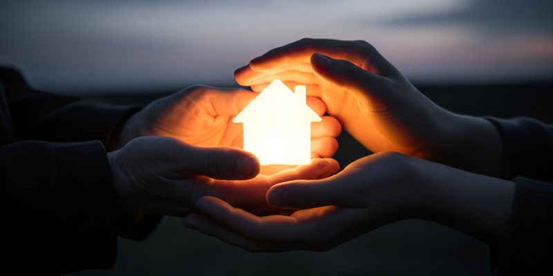 Miniatura di casetta illuminata custodita da quattro mani