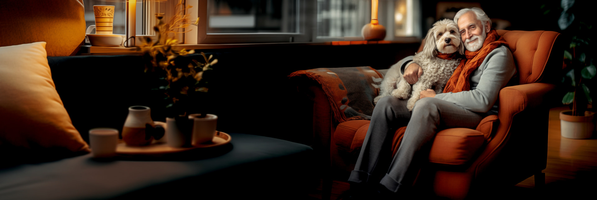 Signore sulla poltrona di casa che abbraccia felice il suo cane