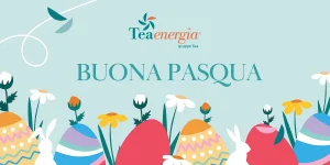 Auguri di Buona Pasqua da Tea Energia. Illustrazione festiva per l'avviso di chiusura degli sportelli al pubblico.