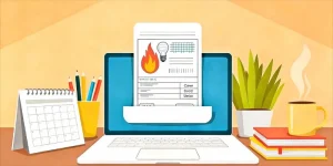 bolletta luce e gas su sfondo arancione con pc e tazza