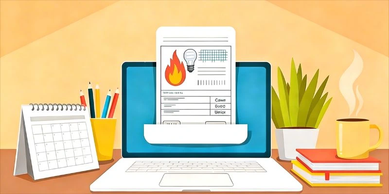 bolletta luce e gas su sfondo arancione con pc e tazza